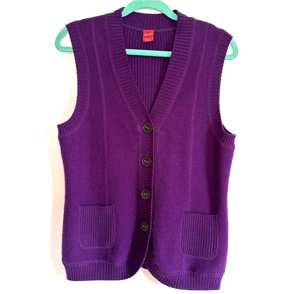 Olsen Collection Women’s 100% Wool Purple Sweater Button Down Vest Pockets Sz 8